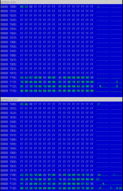 vbindiff of flash dumps with two different messages recorded on it