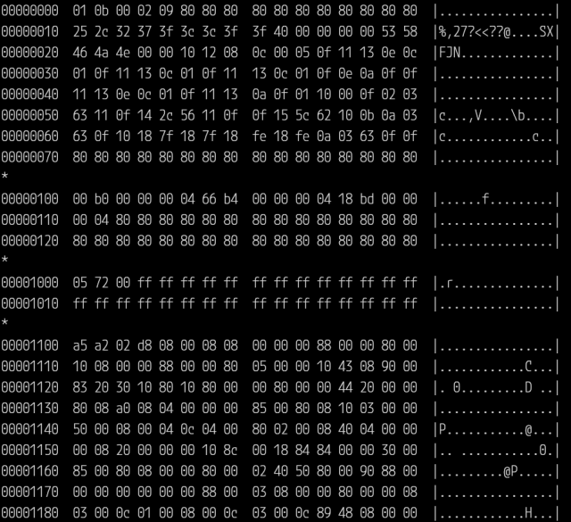 Hexdump of flash contents of the start of the dumped binary